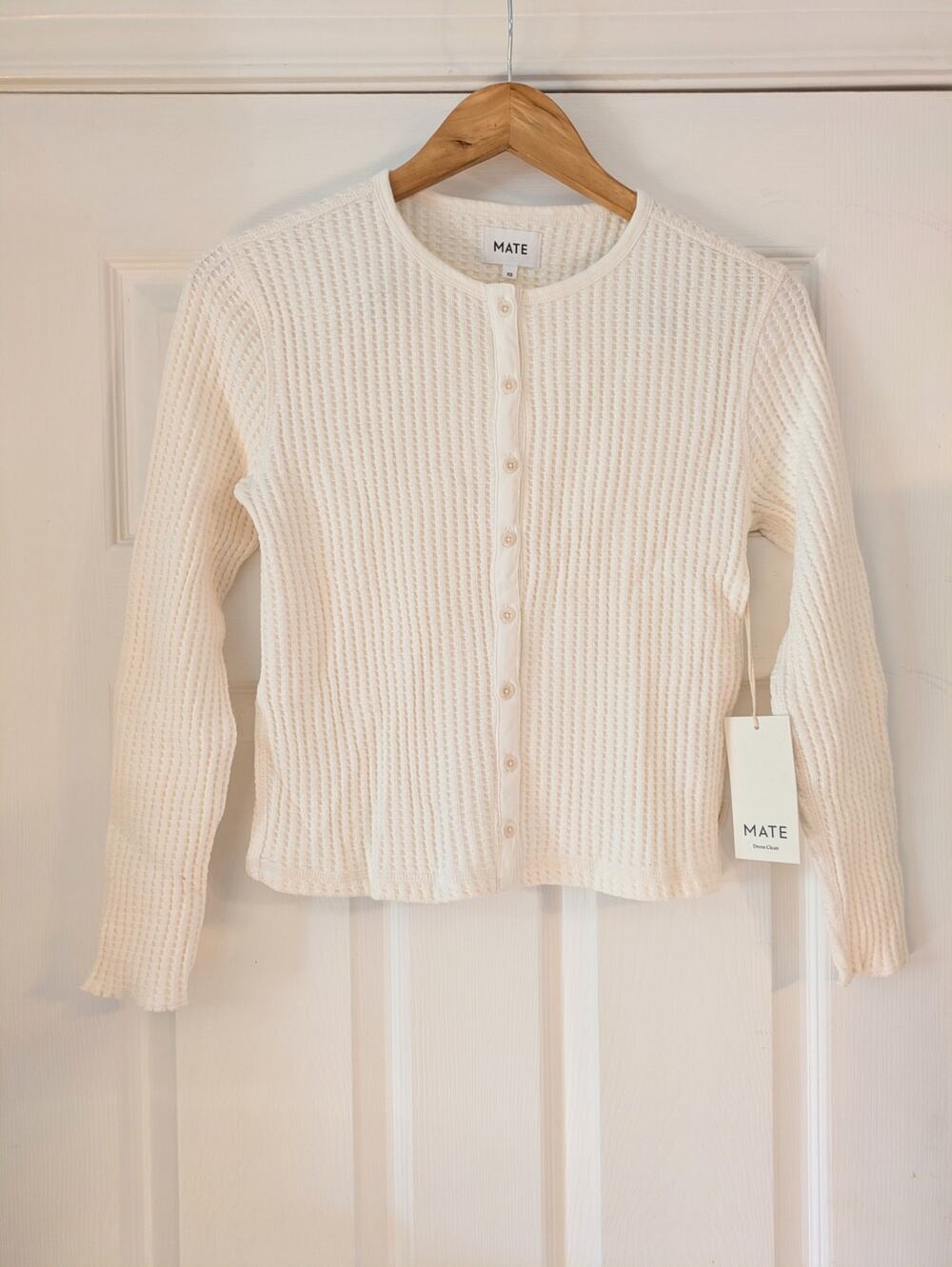 MATE The Label Organic Waffle Crew Cardigan Sweater XS Bone NWT